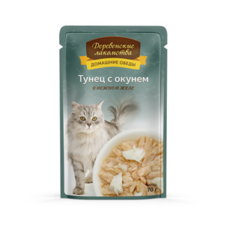 Деревенские лакомства консервы для кошек «Тунец с окунем в нежном желе»