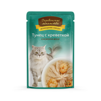 Деревенские лакомства консервы для кошек «Тунец с креветкой в нежном желе»