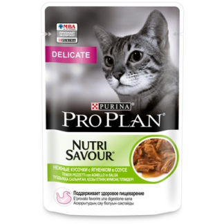 Pro Plan влажный корм Nutri Savour для взрослых кошек с чувствительным пищеварением или с особыми предпочтениями в еде, с ягненком в соусе